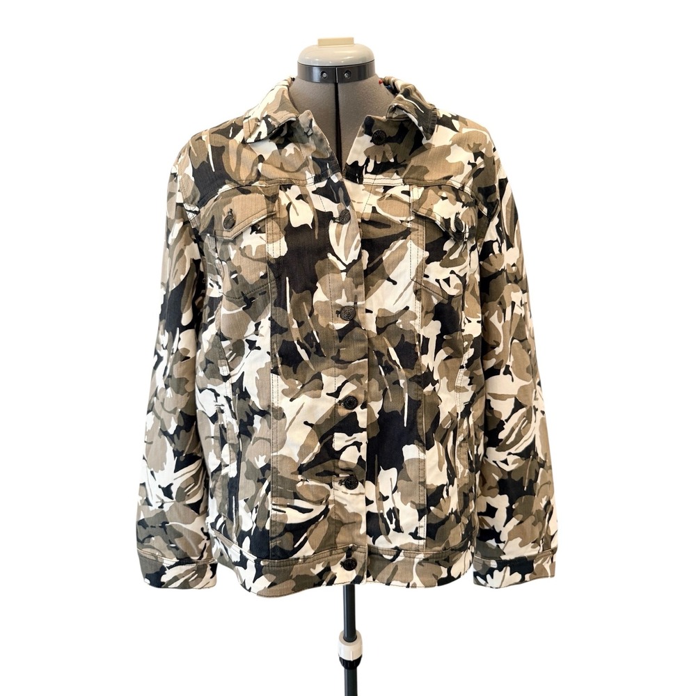 Chico's Floral Camo Denim Utility Jacket 3 16/18 Green Tan Neutral Travell NWT - Picture 4 of 10
